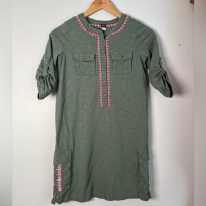 Tea Collection Dress Green with Pink Embroidery Accents Size 12 Girls